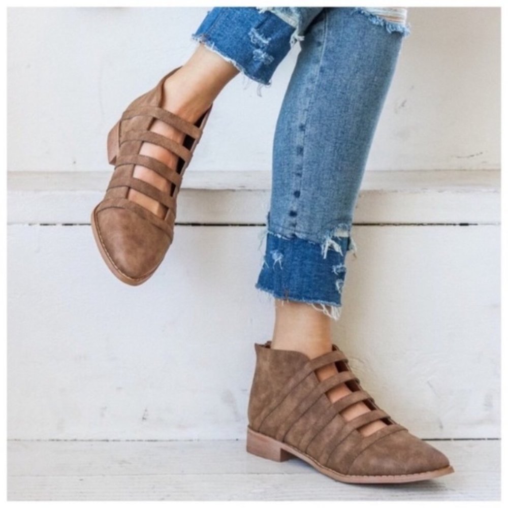 taupe distressed cut out booties